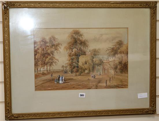 Framfield Shepherd, watercolour, figures outside a lodge house, signed and dated 1858, 31 x 47cm